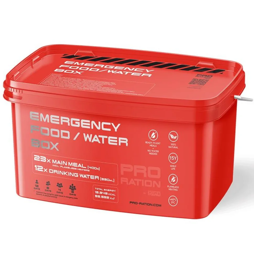 Pro Ration - Emergency Food/Water Box, 23 Måltider inkl. 4L Vand, 15 års Holdbarhed