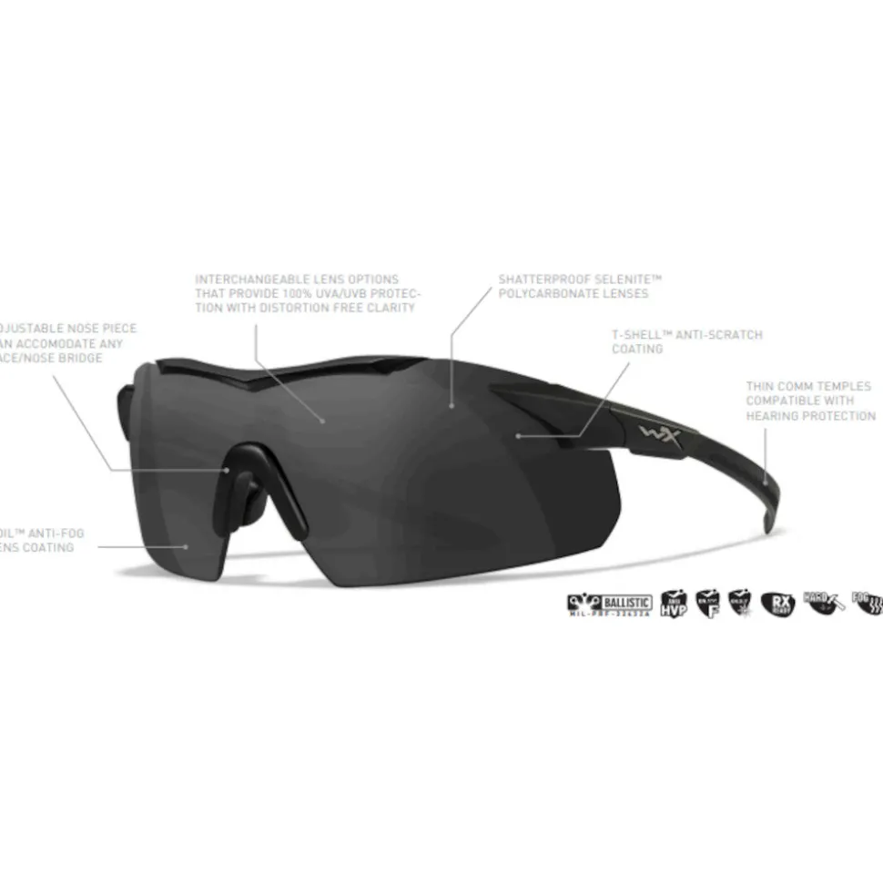 Wiley X - VAPOR COMM 2.5 Ballistiske Briller // Sandfarvet Stel - 3 Linser Grå/Klar/Orange